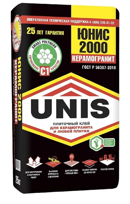 Клей плиточный ЮНИС 2000, 25 кг